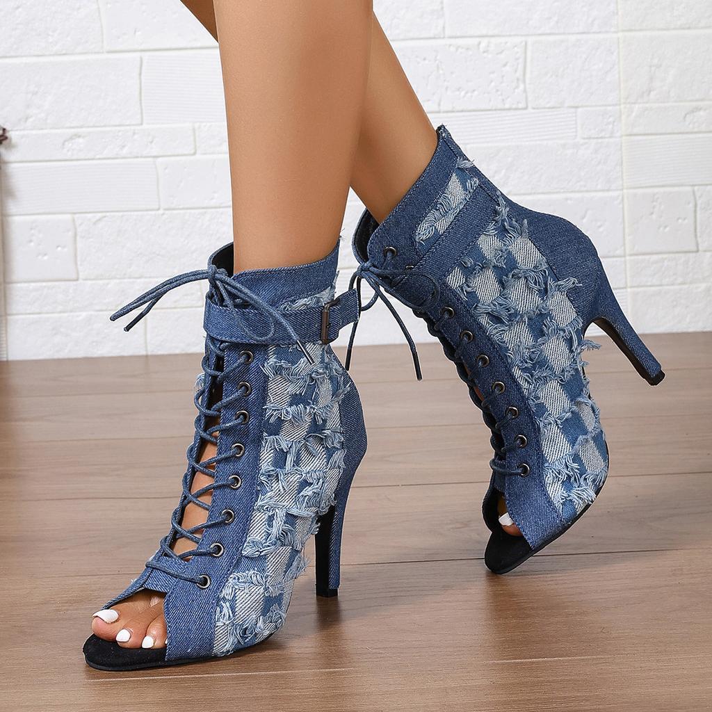 2024 European and American lace-up fish mouth cool boots autumn comfortable hollow stiletto heels dancing sandals large size heels