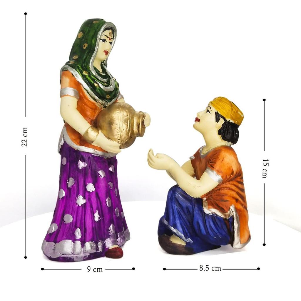 Village Women with Water Pot Idol Statue Decoreative Showpiece for Home Decor | Handcrafted and Hand Painted (Pack of 2, Multicolor)