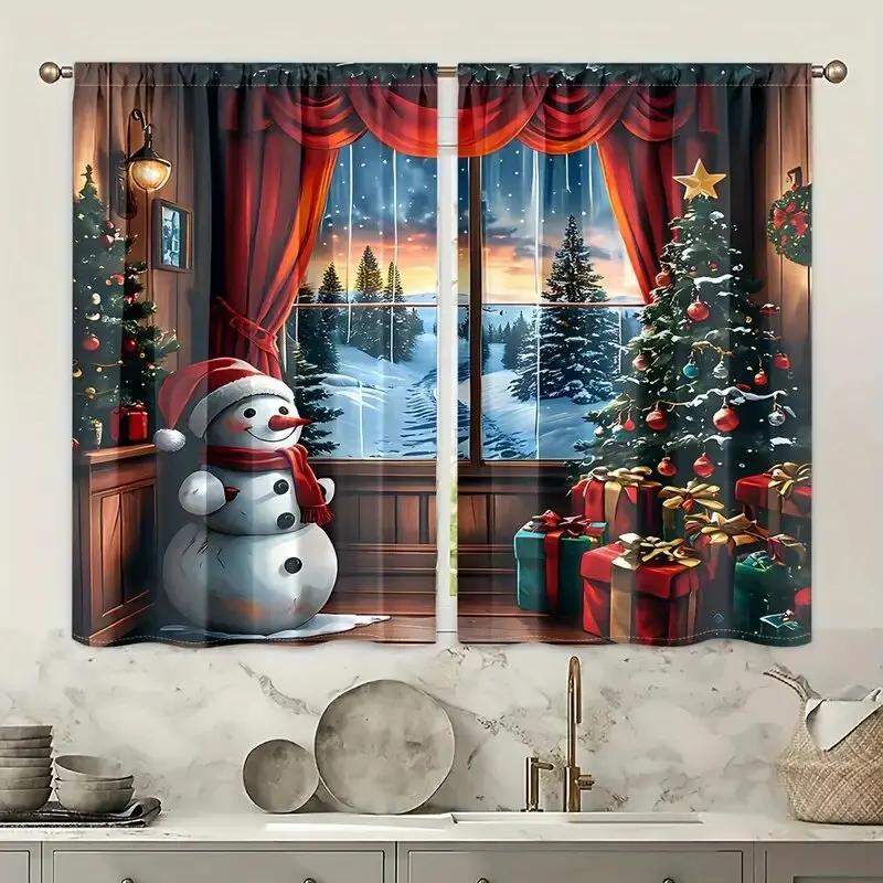Christmas Tree Forest Snowman Pattern Printed Curtains Window Decorations Home Room Curtain Set Of 2 Made Polyester Washable