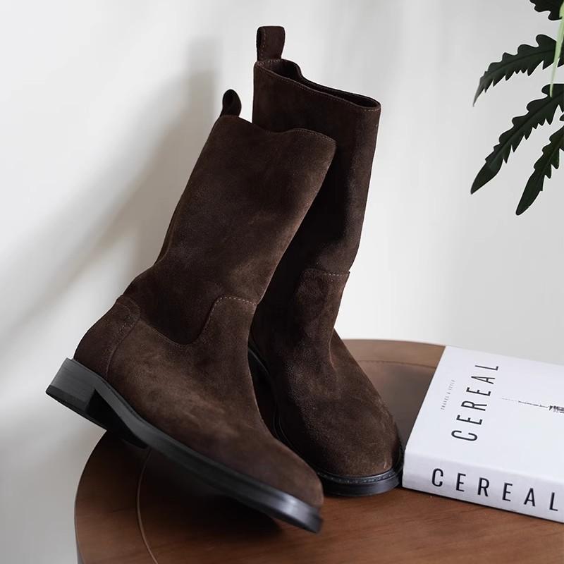 Korean Version of Handmade Cigarette Boots Women's 2025 Autumn and Winter New Leather Boots Medium Boots Retro Straight Knight Boots Single Boots