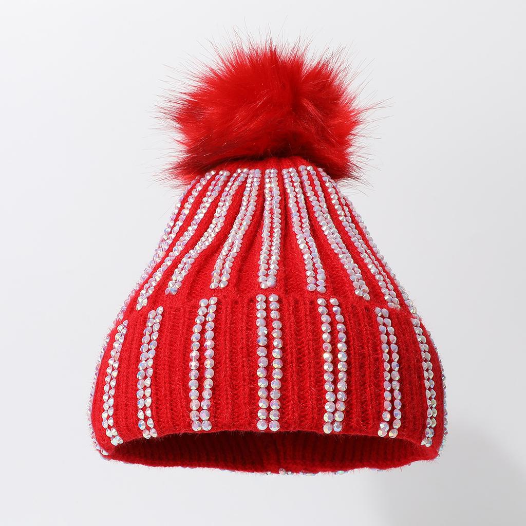 Solid Color Outdoor Cold Protection And Warm Hat, Knitted Hat, Thickened Pom-Pom Full Drill Sleeve Hat.