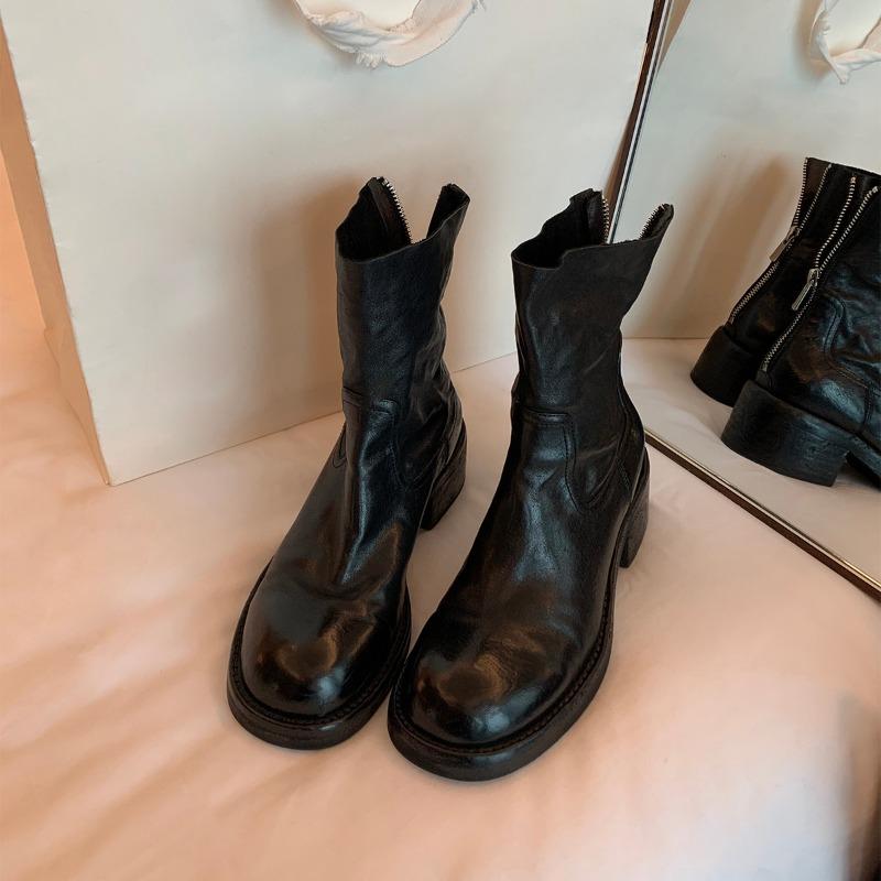 

Cowhide version~ retro round head thick heel thin short boots women s genuine leather washed handmade Martin boots Chelsea thin boots 34