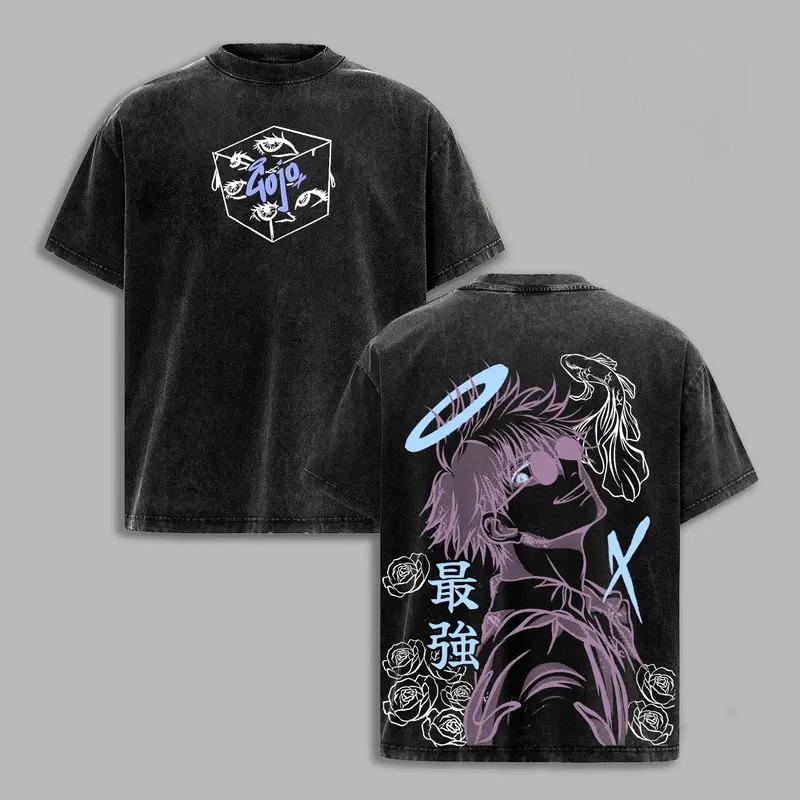 

Футболка с принтом Годжо Сатору Аниме Jujutsu Kaisen Одежда Мужская Женская Хлопковые футболки Ретро Выстиранная футболка Харадзюку Оверсайз Топы S чёрный