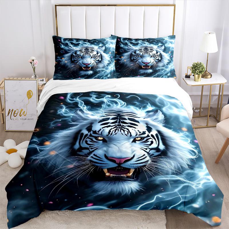 3pcs Flaming White Tiger Printed Bedding Set, Soft and Comfortable Quilt Cover for Bedroom, Guest Room (1 Duvet Cover + 2 Pillowcases, Pillow Cor
