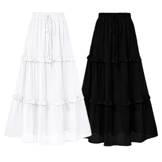 Kvinners Midi-skjørt Midje Justerbar Snøring Farge Volang Plissert Skjørt Ensfarget Elastisk Høy Søm A-linjeskjørt