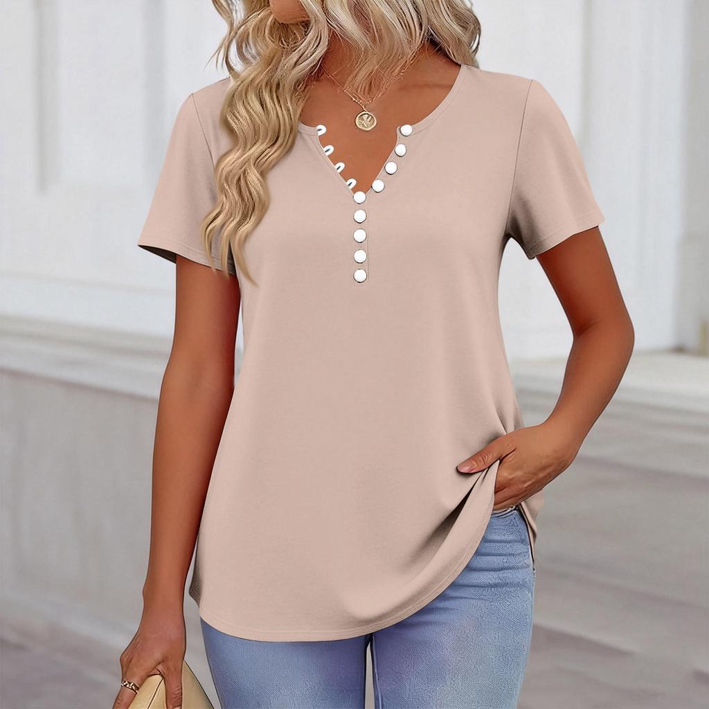 Women’s Casual Short Sleeve V Neck Button Front Blouse Comfortable Relaxed Fit Basic Summer Top for Daily Wear