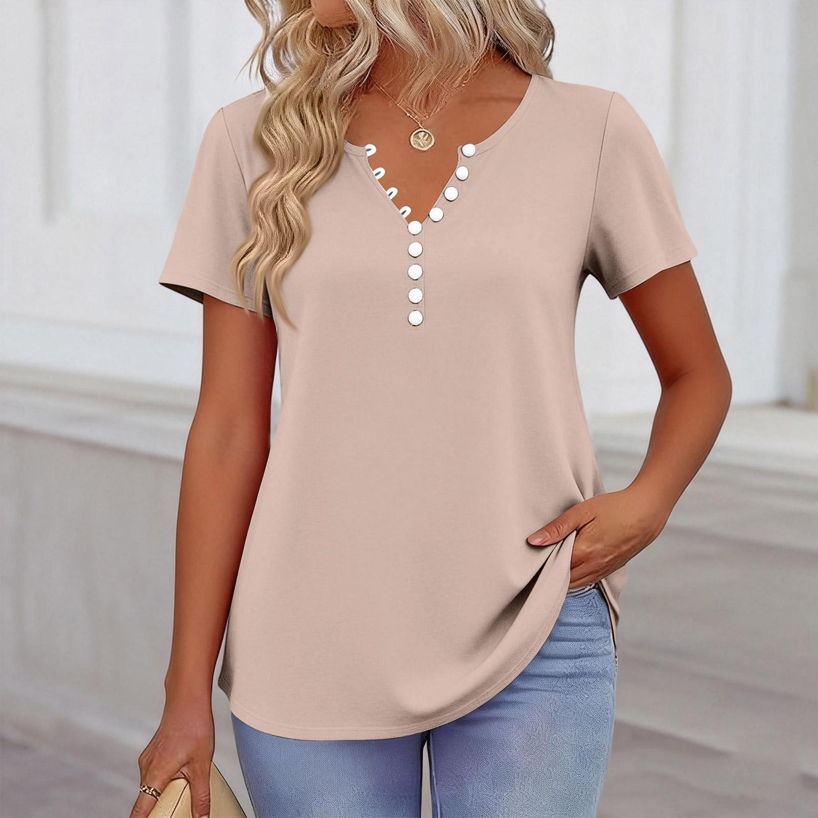 

Women’s Casual Short Sleeve V Neck Button Front Blouse Comfortable Relaxed Fit Basic Summer Top for Daily Wear L бежевый