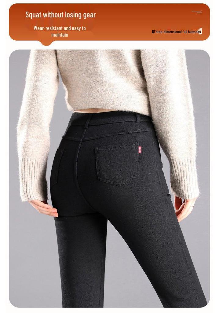 Women's High-Waisted Black Elastic Leggings - Warm, Slimming, Plus Velvet, Thickened, Single Button, Suitable for Outdoor Wear, Autumn/Winter.
