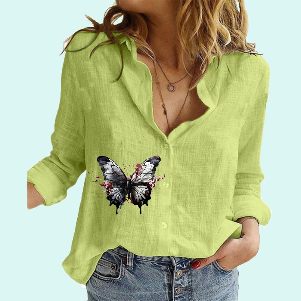 Camisa feminina casual com estampa de borboleta e botões, moda feminina, primavera e outono, manga comprida, blusa de linho feminina, blusa de manga comprida