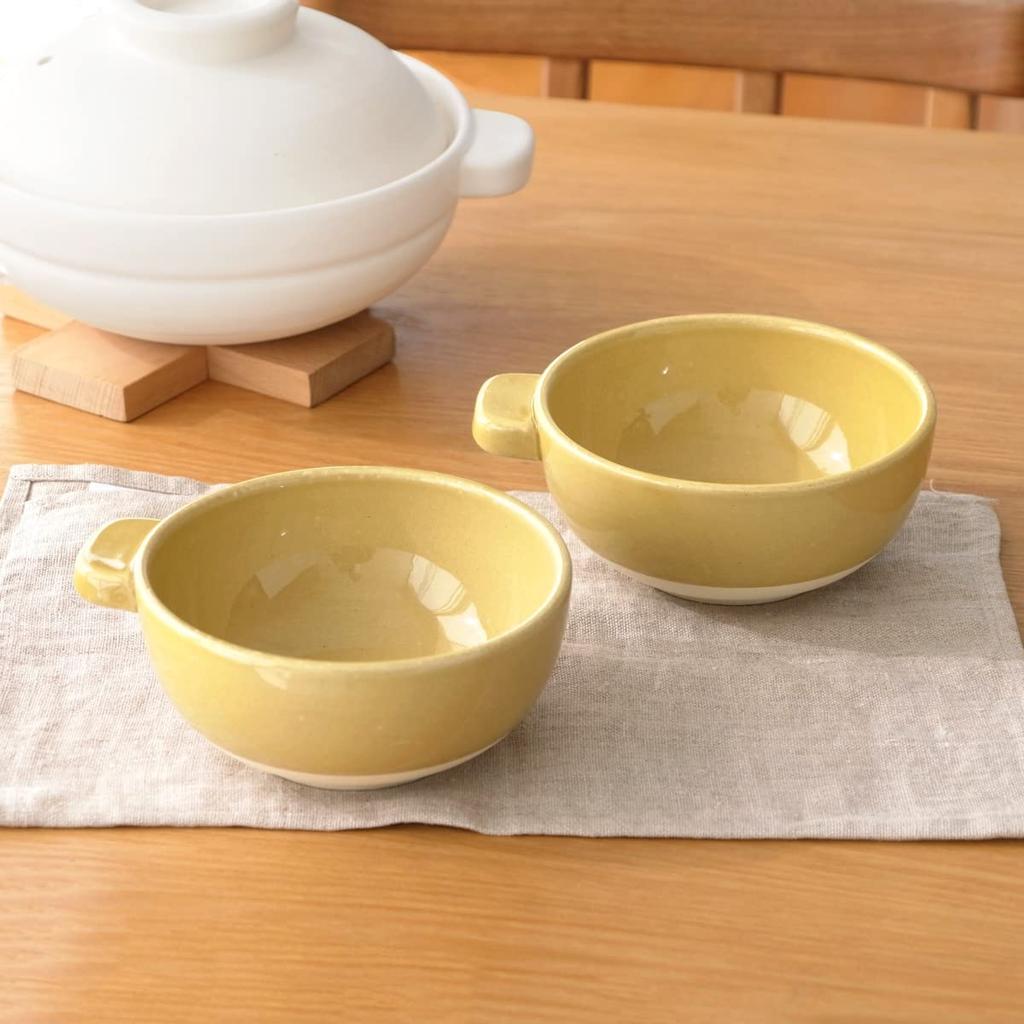 Kamoshika Douguten Tonburi- und Reisschalen-Set für 2 Personen, 2 Beilagenteller und kleine Schalen, Banko-Ware, hergestellt in Japan, Gelb