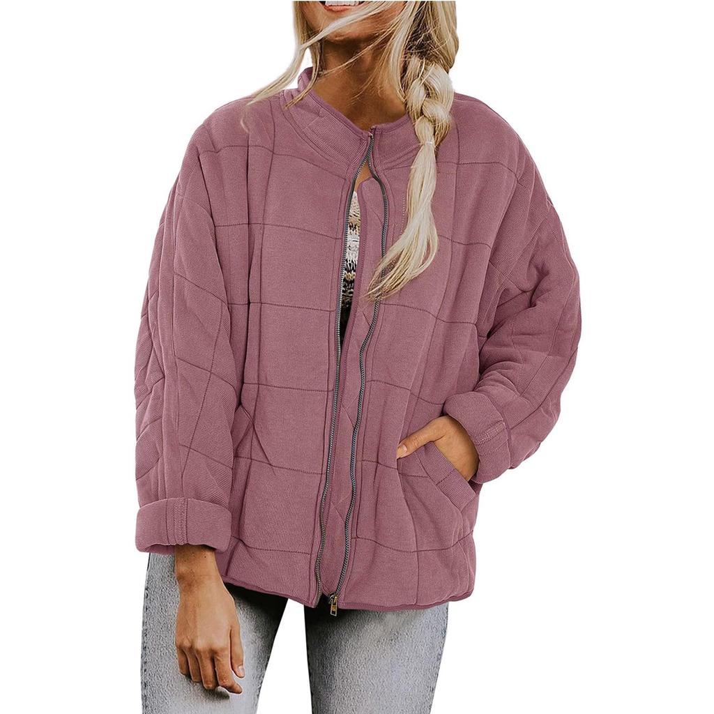 Women's Fashion Solid Color Stand Collar Cotton-Padded Jacket Loose Pocket Long Sleeve  Coat