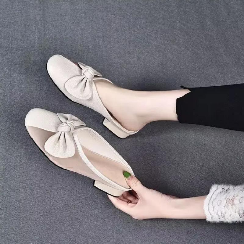women fashion yellow round toe bow tie spring slip on square heel shoes lady classic black mesh breathable shoes ab640