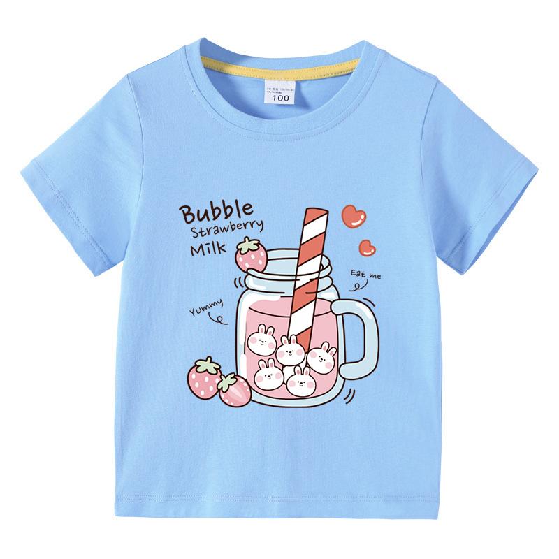 Girls TShirt Bubble Strawberry Milk Print Short Sleeve Tee Cute Cartoon Summer Casual Tops for Kids Children