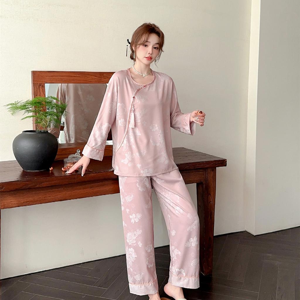 Silk pajamas women's spring and autumn skin-friendly long-sleeved new Chinese style original retro wearable loungewear suit