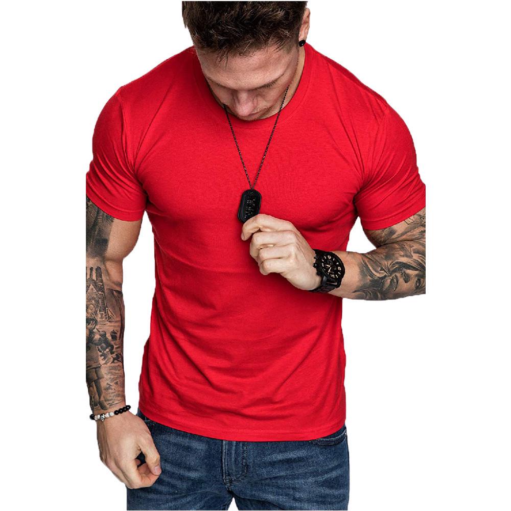 

Мужская однотонная футболка с круглым вырезом, облегающего кроя, с коротким рукавом для фитнеса 2025 XXXL красный