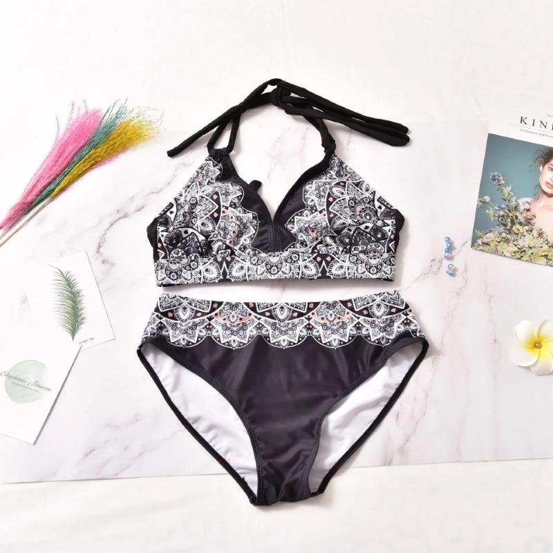 2025 Swimwear High Waisted Two Piece Plus Size Large Size Plus Fat Printed Swimsuit Women Back Chalaza Bikini Beach Bathing Suit