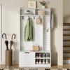 Set cu cuier, Set complet de dulap pentru hol cu bancă, 6 cârlige, 1 ușă și 4 compartimente deschise de depozitare - Alb, 100×185.5×40 cm (L×A×D)