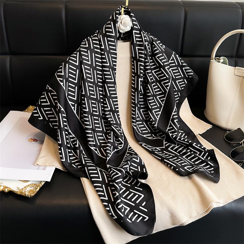 Women's Retro Twill Silk Scarf - 90cm Versatile Shawl for Travel & Sun Protection