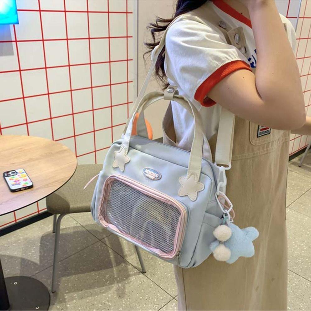 

Nylon Cream Color Itabag Zipper Bag Fashion Shoulder Bag Transparent Pocket Backpack Children Black-With Pendant