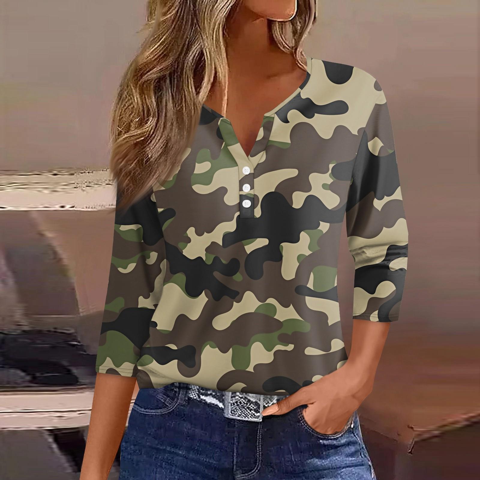 

Жен. Футболка Футболка С принтом Пуговицы Рукав 3/4 Повседневные Выходные Мода Классический Классический V-образный вырез Обычный Верх XXXL