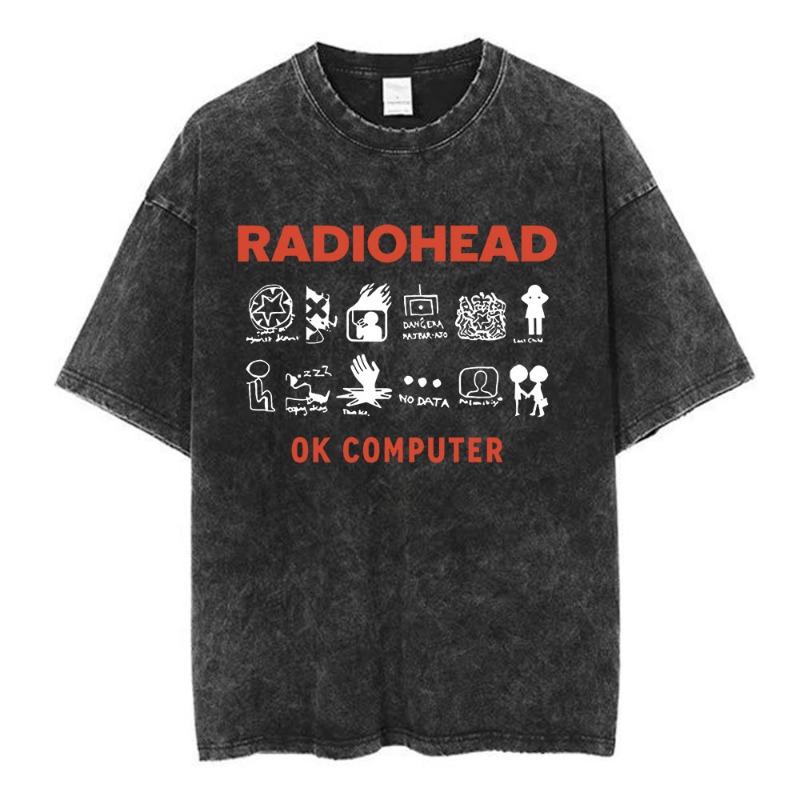 Radiohead Band OK Computer Retro Washed T-shirt women s and Fashion Hip Hop T-shirt 100% Cotton Casual T-shirt S