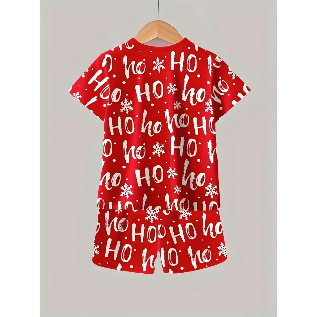 2pcs Boys' Christmas 3D Digital Print Outfit Set - Red White Santa Snowman Reindeer Print Short Sleeve T-Shirt & Shorts, Lightweight Polyester