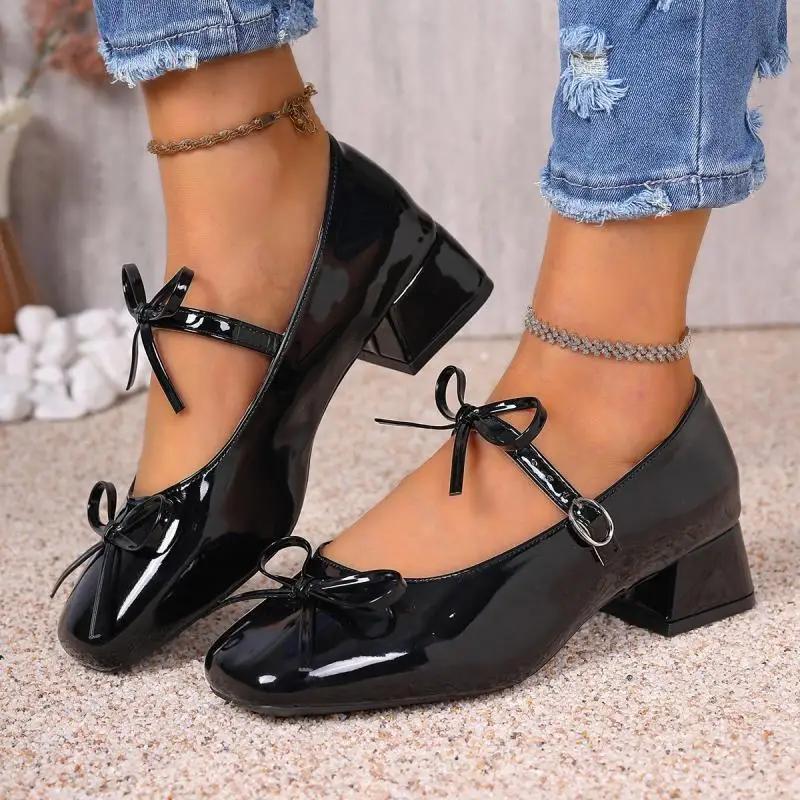 Retro Bowknot Decoration Red Mary Jane Shoes Women 2025 Summer Medium Heel Sandals Sweet Lacquer Leather Party Dress Shoes