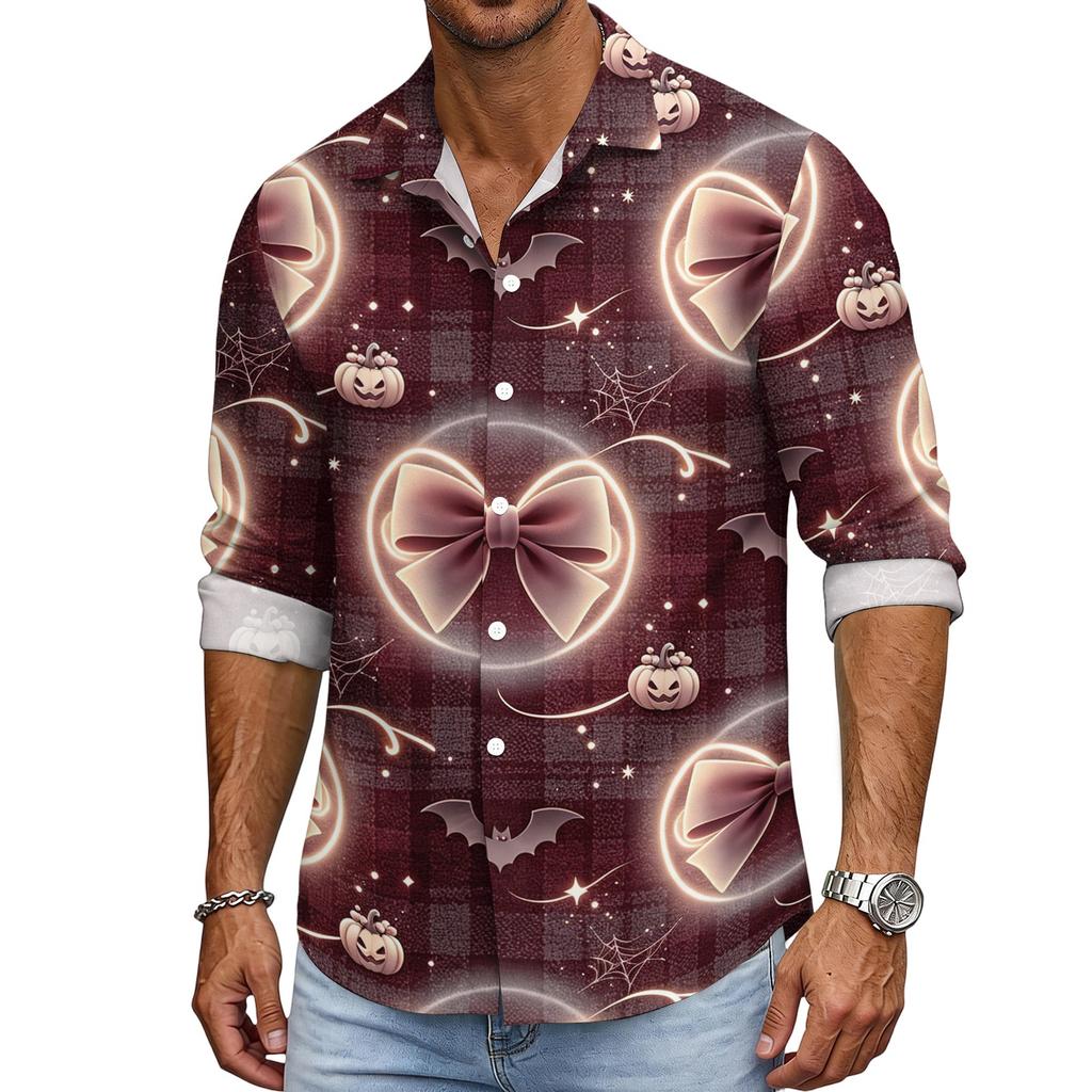 Men's Loose Fit Long Sleeve Shirt with Spread Collar Halloween Themed Casual Vintage Style Breathable Fabric Suitable for Outdoor Workwear
