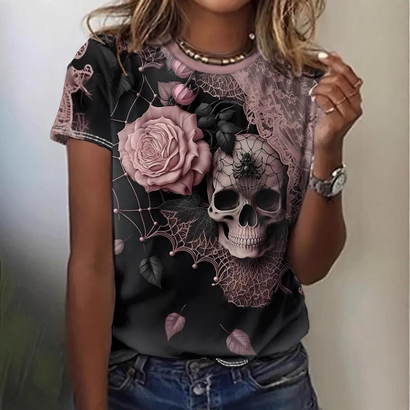 Летняя футболка Цветок Черепа 3D Печать Женская футболка Короткий рукав Повседневная Удобная Большого размера Модная футболка S