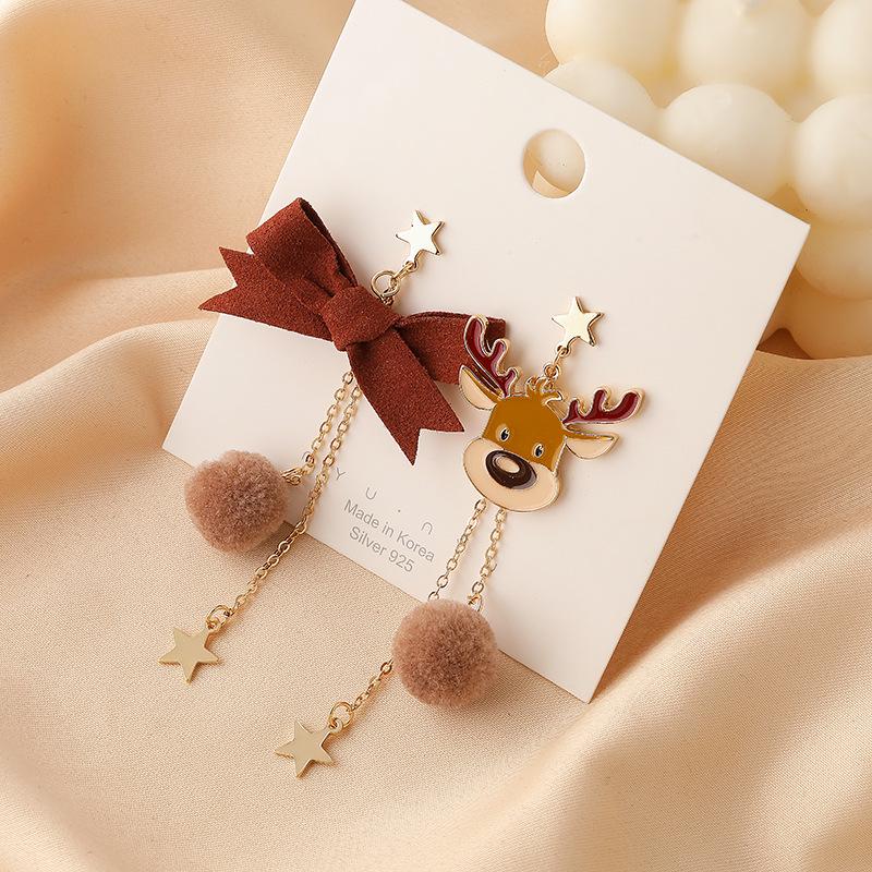 Christmas Star Silver Stud Earrings with Wool Ball & Asymmetrical Tassel - Winter Style Cartoon Clip for Girls