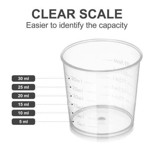 Ledmomo 50-Piece 30ml Plastic Heat-Resistant Measuring Cup, Small, Clear, Disposable Measuring Cup, Durable, Mini, Small Volume, Liquid Measurement, L