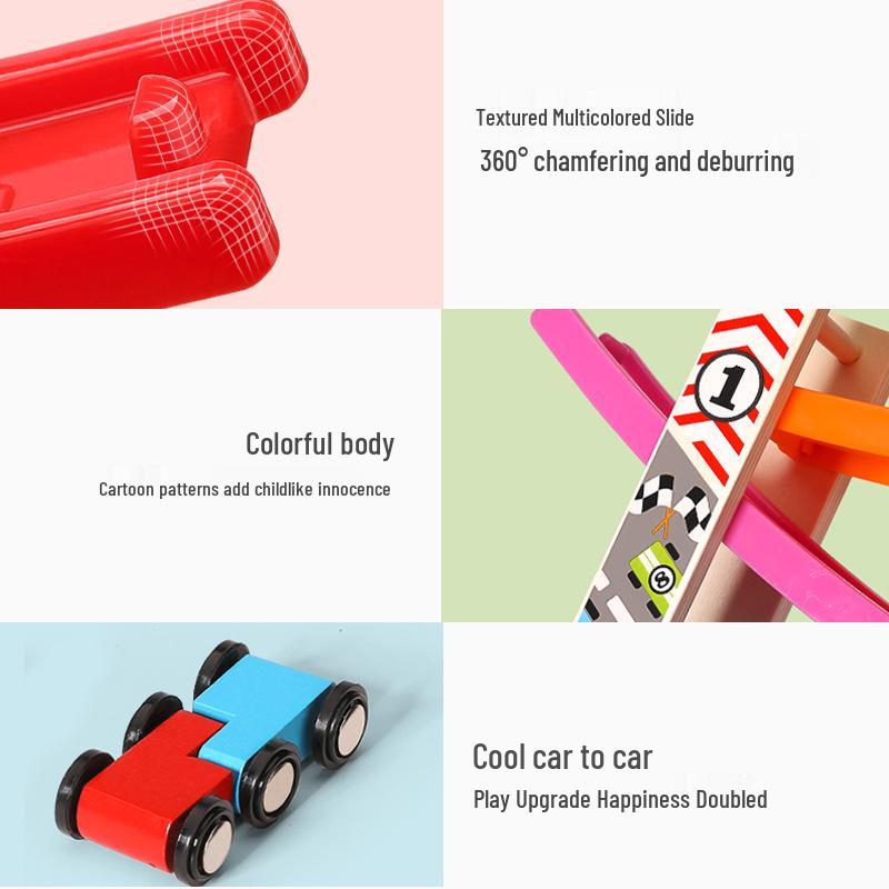 Children's Wooden Multi-Layer Racing Track Toy with Inertial Glider Cars