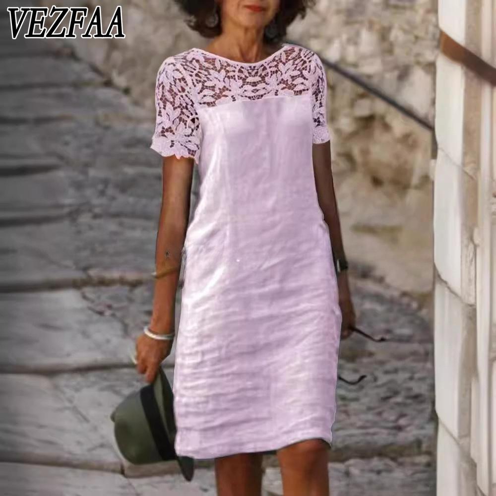 VEZFAA Women's Fashion Summer Spring Solid Color Print Short Sleeve O-Neck Loose Waistline Casual Dresses