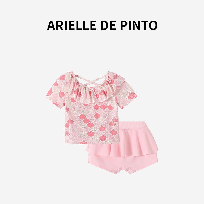 French Arielle De Pinto Girls  Swimsuit Summer Mermaid Sequined Princess Split Short sleeve Swimsuit Bright pink 100