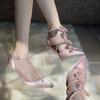 Beautiful satin high heels, rhinestone sandals, bow bag head, new shoes, women's bag head, word belt.
