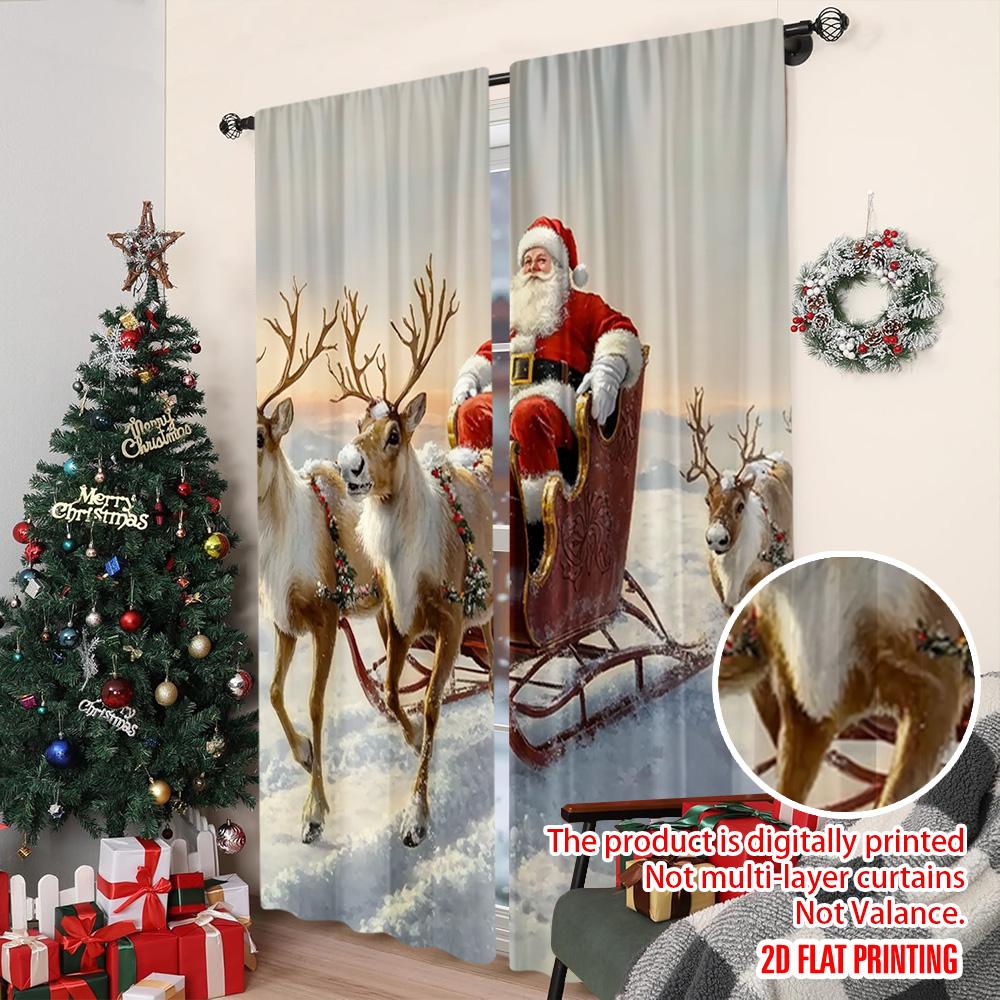 Set Of 2 Flat Printing Merry Christmas Popular Curtains Santa Sleigh Versatile Durable Polyester Without Electricity Festive Made