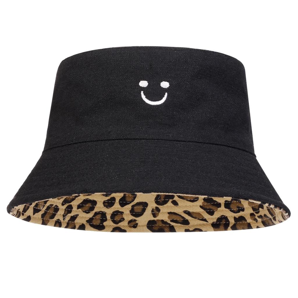 Unisex Smiling Leopard Print Double-Sided Bucket Hats Fishermen Caps Outdoor Casual Cap Sunscreen Hat