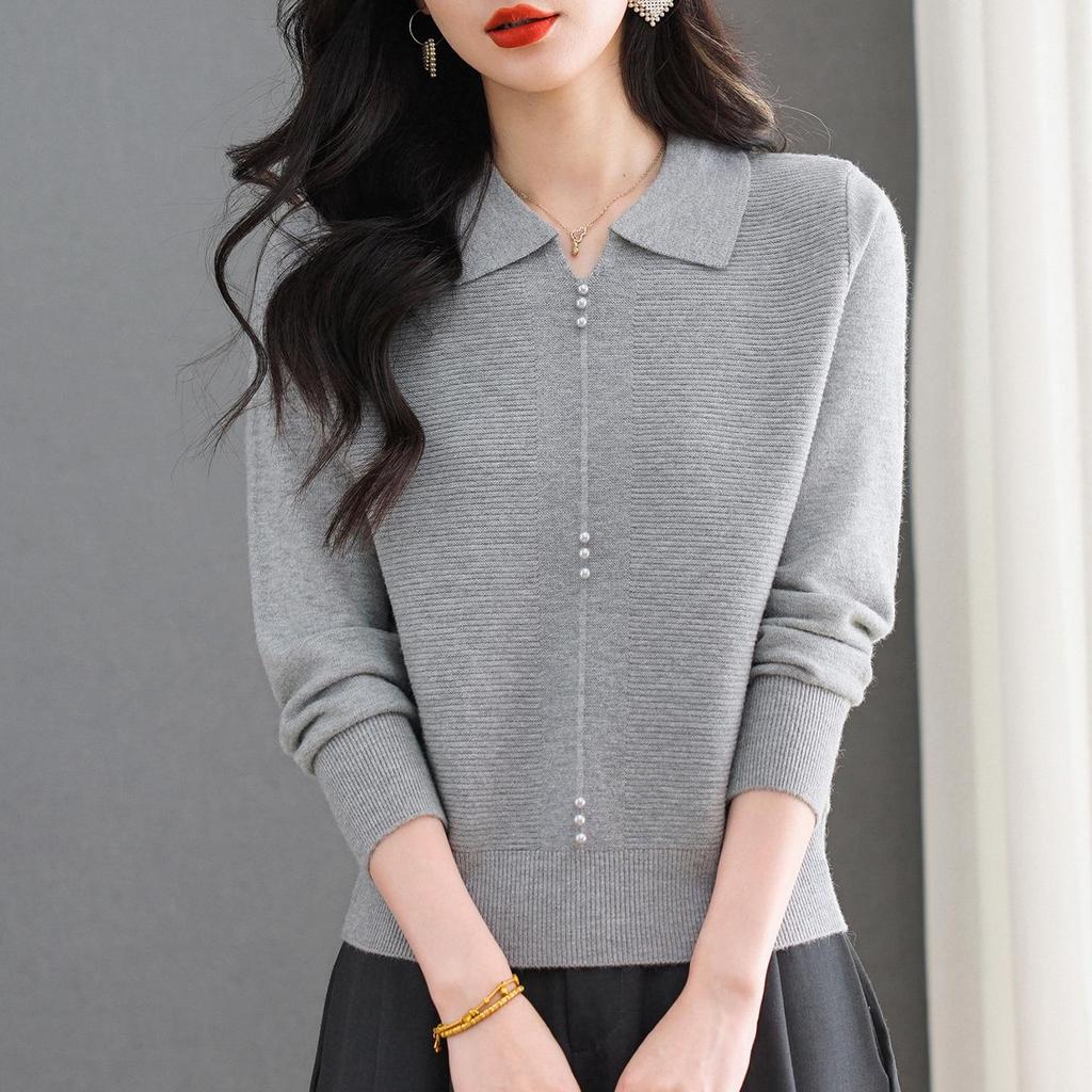 2025 Fashion Women's Solid Color Long Sleeve Knit Polo Shirt