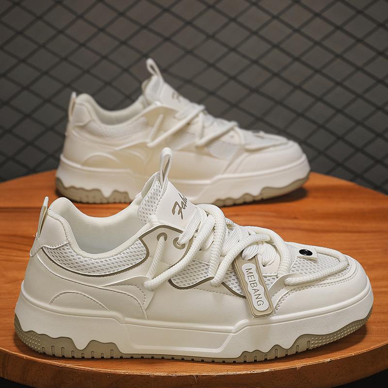 Men'S Shoes Leather Splicing Mesh Breathable Board Shoes Cross Strap Low Top Men'S Casual Sports Shoes