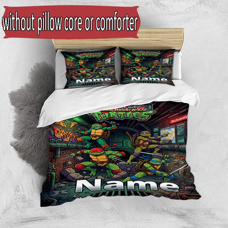 3pcs Duvet Cover Set (1*Duvet Cover + 2*Pillowcase, Without Core), Custom Name Teenage Ninja Turtles Pattern Bedding Set, Home Bedroom Decor Gift