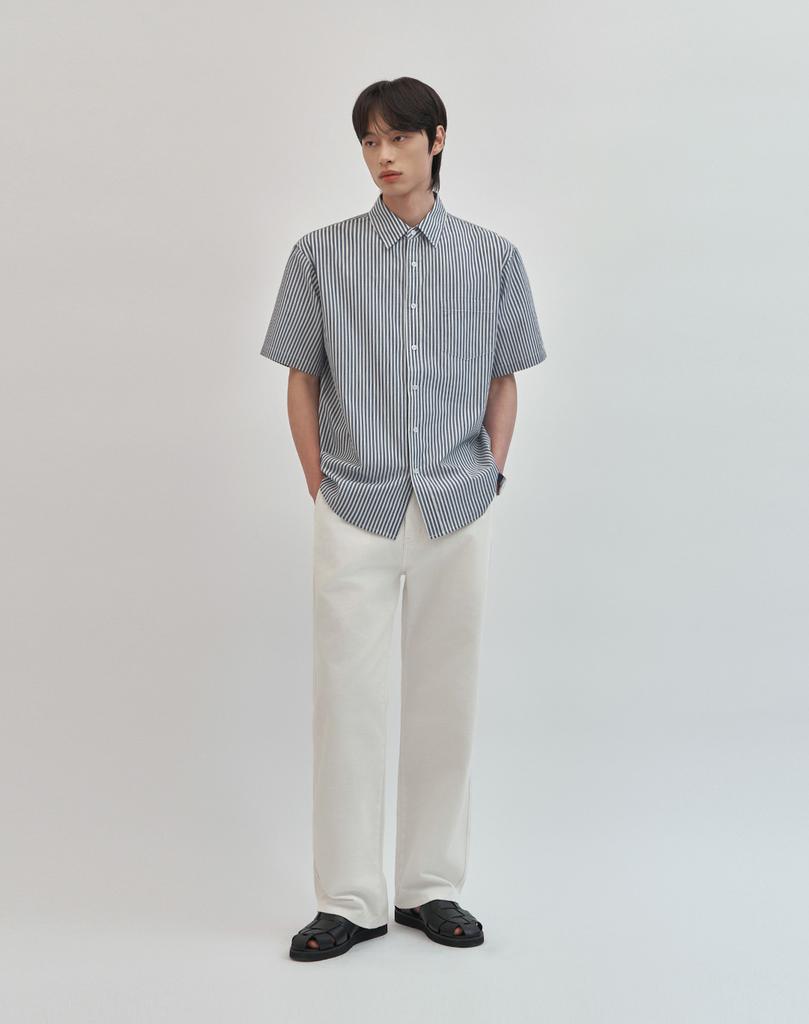 WORK ON BODY OFF Linea Semi-Overfit Striped Short Sleeve Shirt [Blue]