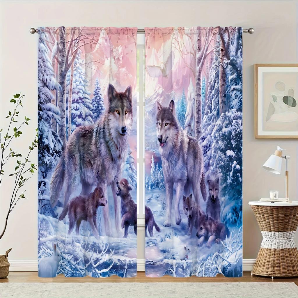 Elegant Snow Wolf Forest Patterned Printed Curtains Pole Bag Home Decoration Room Curtain Made Of Polyester