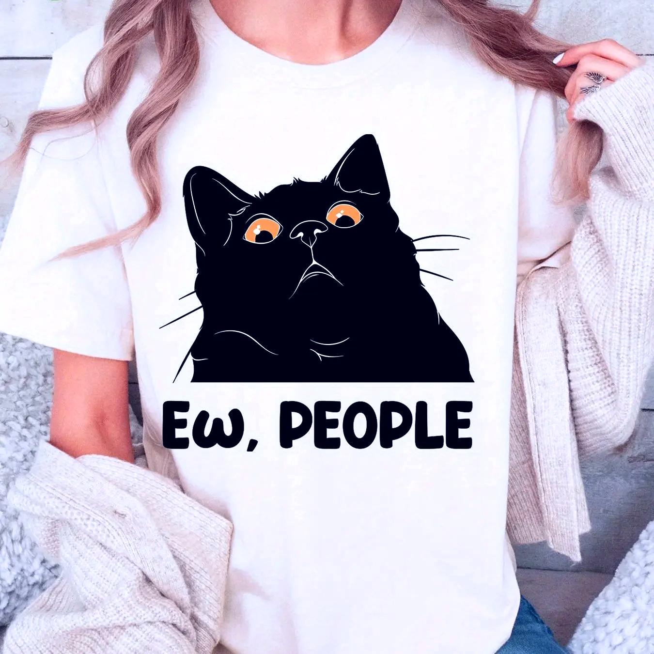 

2026 New Womens Black Tshirt with Cat Print Versatile and Breathable Streetwear Graphic T Shirts Aesthetic Clothes Summer Tops S