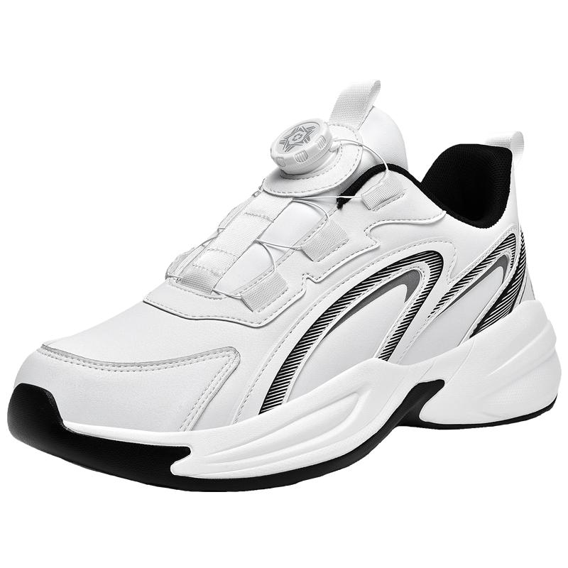 Waterproof Leather Sports Shoes for Men with Rotating Buttons, No Need to Tie Laces, Non-Slip, Large Size Youth Running Shoes