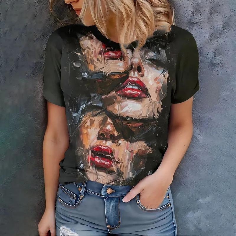 Tricou de damă la modă imprimat 3D, de vară, respirabil, casual, versatil