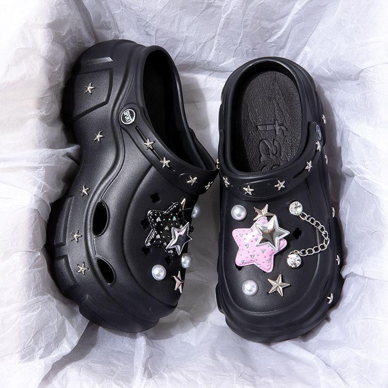 Zapatos de agujeros con suela gruesa para uso exterior de verano DIY dulce y fresco estilo Y2K estrella de cinco puntas elevador de bolsa zapatillas frescas
