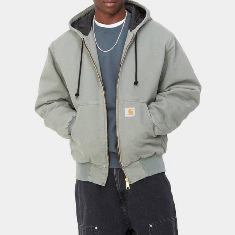 Carhartt WIP SS23 Active Jacket Classic Solid Color Canvas Distressed Loose Cotton Warm Hooded Jacket Men jackets Smoke-Green I027360-1ND-3K