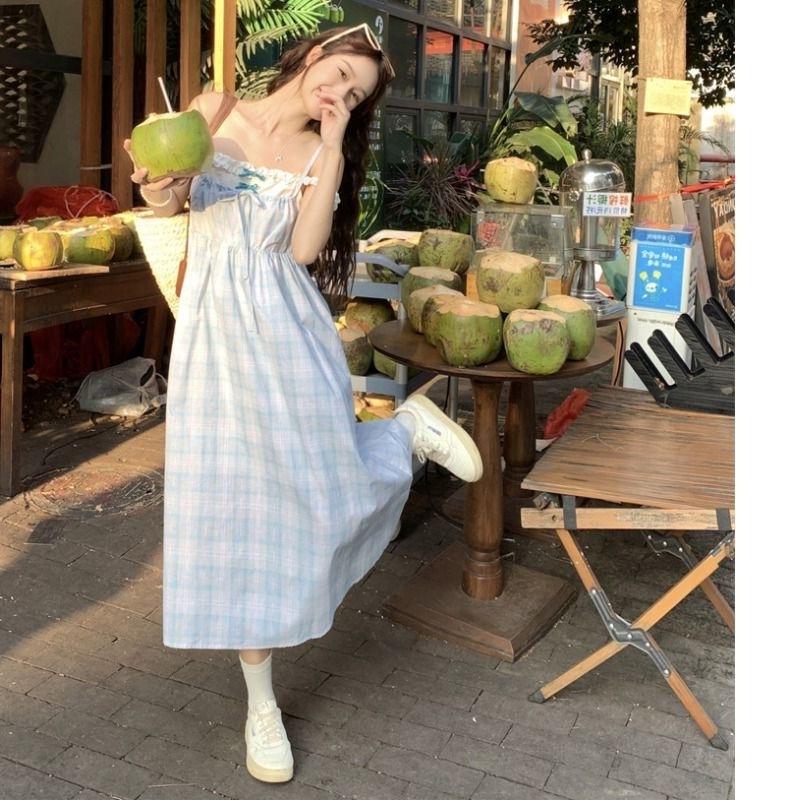 Salt girl plaid dress fake two pieces summer temperament suspender skirt schoolgirl sweet a word skirt