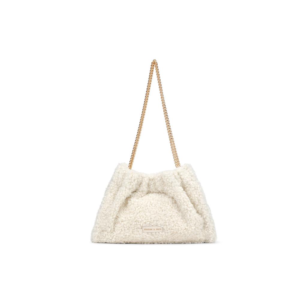 New CHARLES&KEITH Plush Tote Shoulder Bag Large Size Women's Cream Milk White CK2-20782266-1