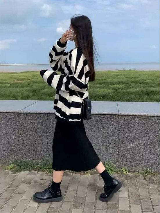 Damen Gestreiftes Hoodie-Rock-Set - Frühling/Herbst Koreanischer Stil